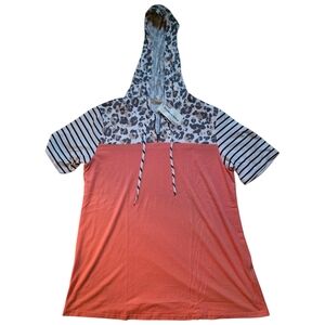 Coral Hooded Top with Leopard and Stripe Accents Nwt Size XL